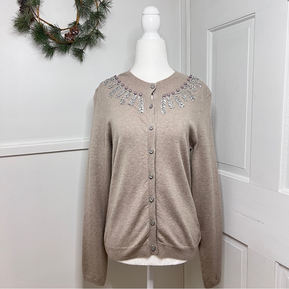 Rebecca Taylor Silk Cashmere Embellished Tan Cardigan Sweater NWOT
